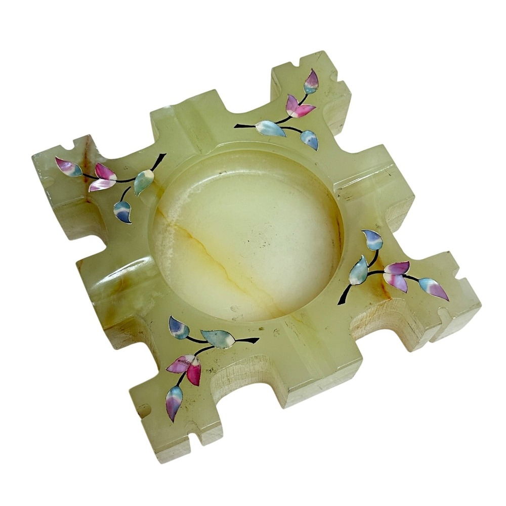 Vintage Onyx Ashtray Mother of Pearl‎ Inlay Puzzle Piece Castle Design Decor